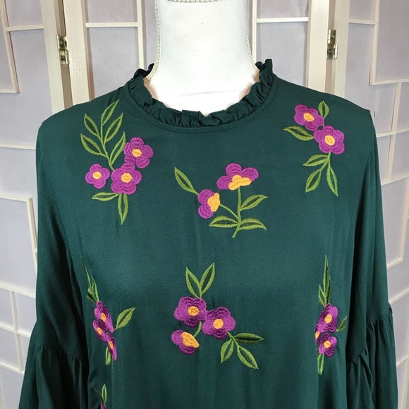 Umgee S L ONLY floral Embroidered bell sleeve dress dark teal - Picture 5 of 8